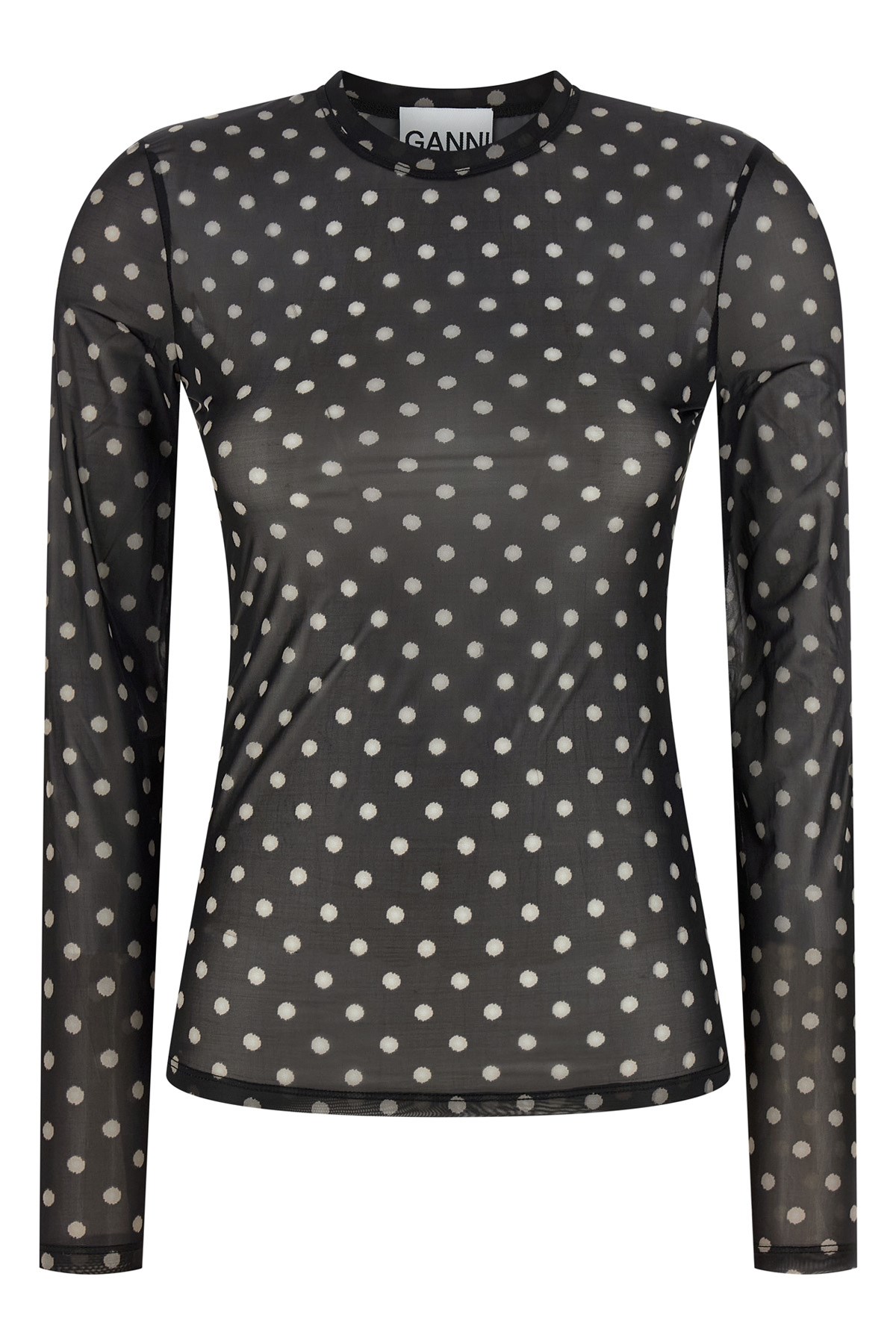 Ganni Sheer Polka Dot Long Sleeve Crew Sweater In Multi