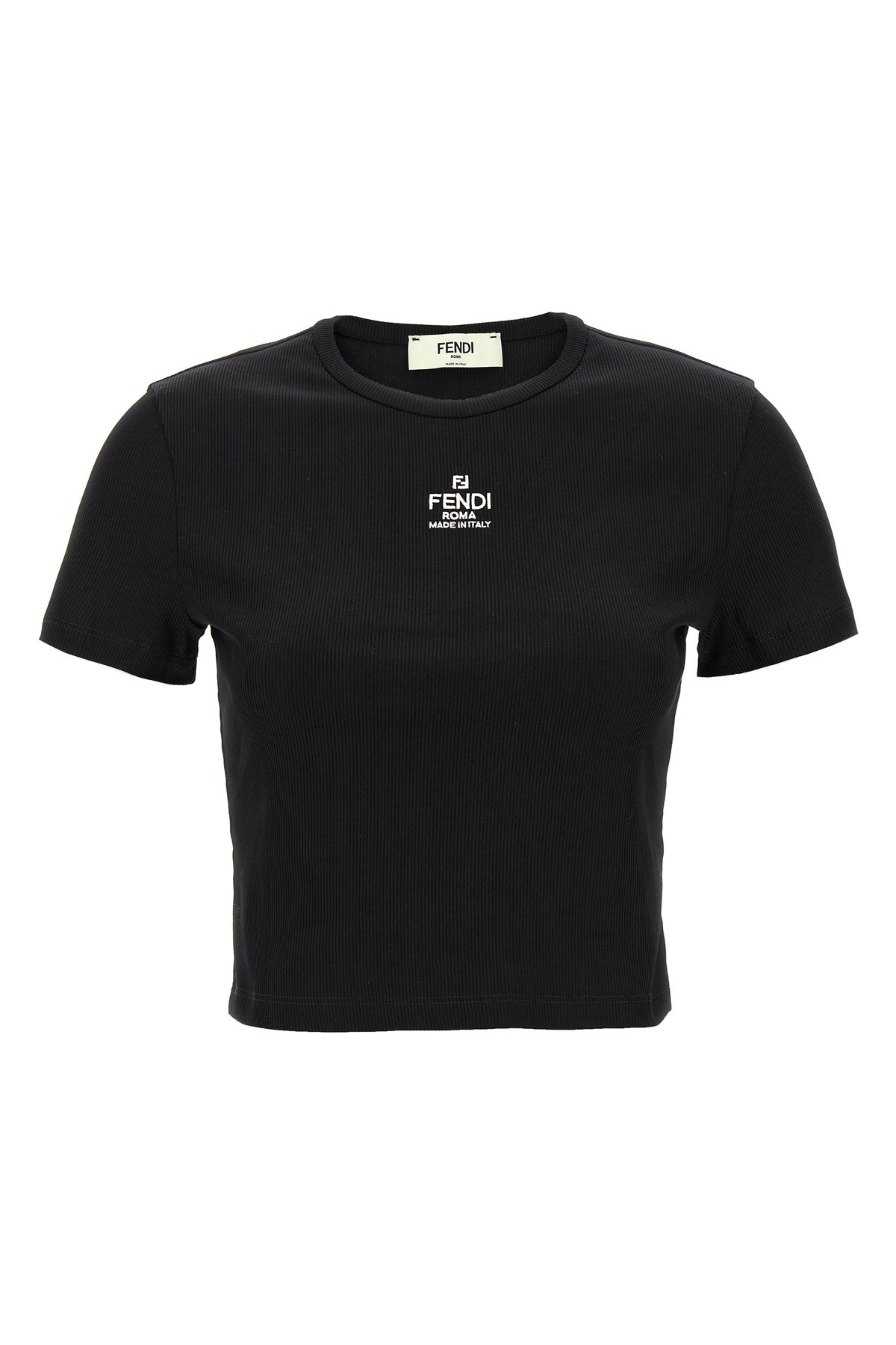 Fendi Women T-shirt A Coste Cropped Con Dettaglio Logo In Cotone Stretch Nero Donna In Black