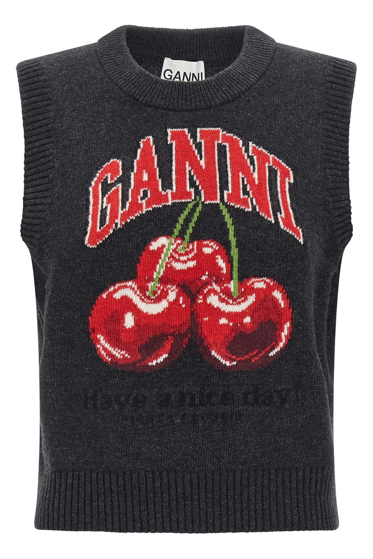 Ganni Sleeveless Intarsia Knit Crew Neck Top In Black