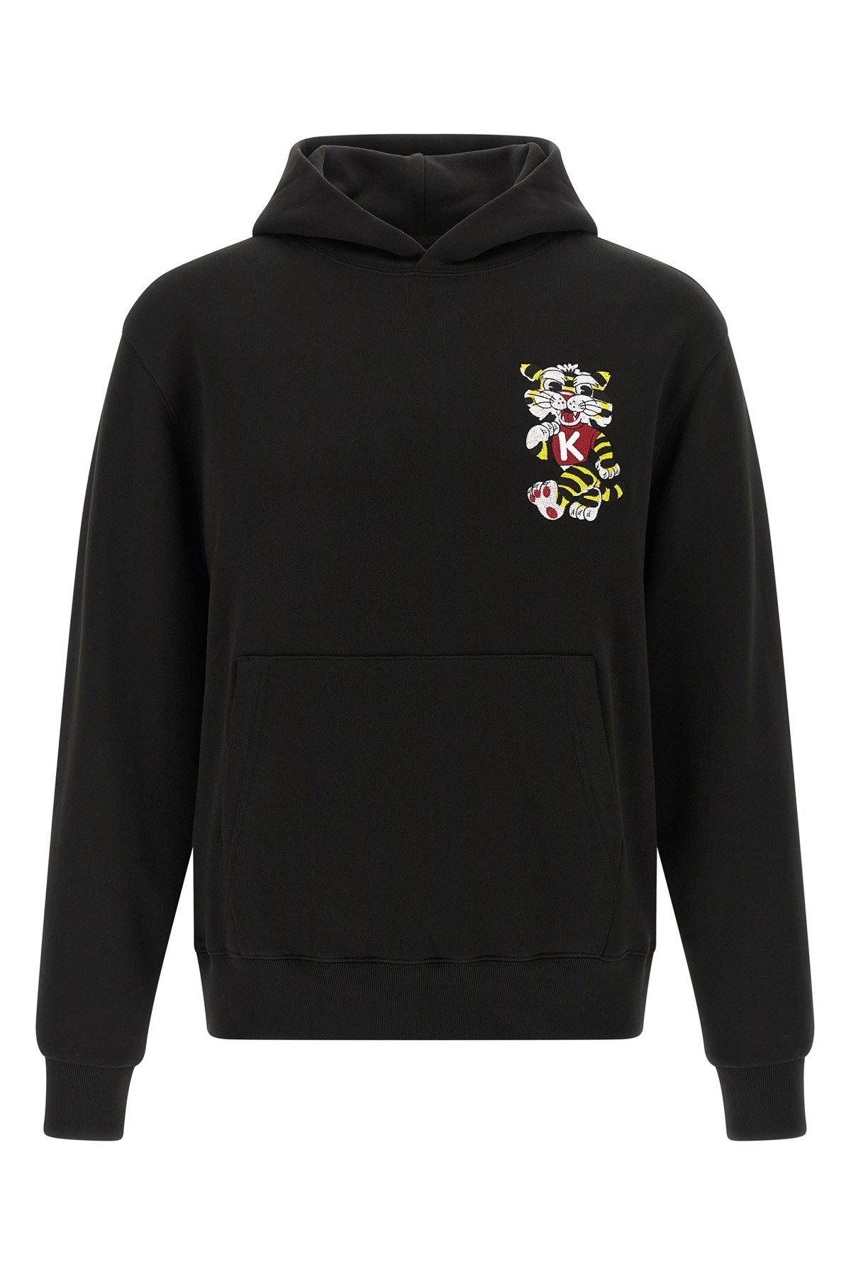 Kenzo Tiger Embroidery Hoodie Ribbed Cuffs Pocket In Black