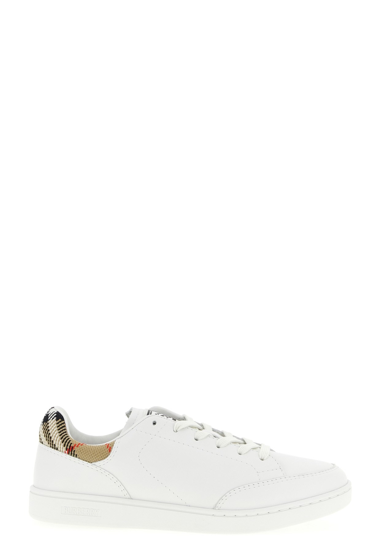 Burberry Leather Sneakers Patterned Heel Rubber Sole In White