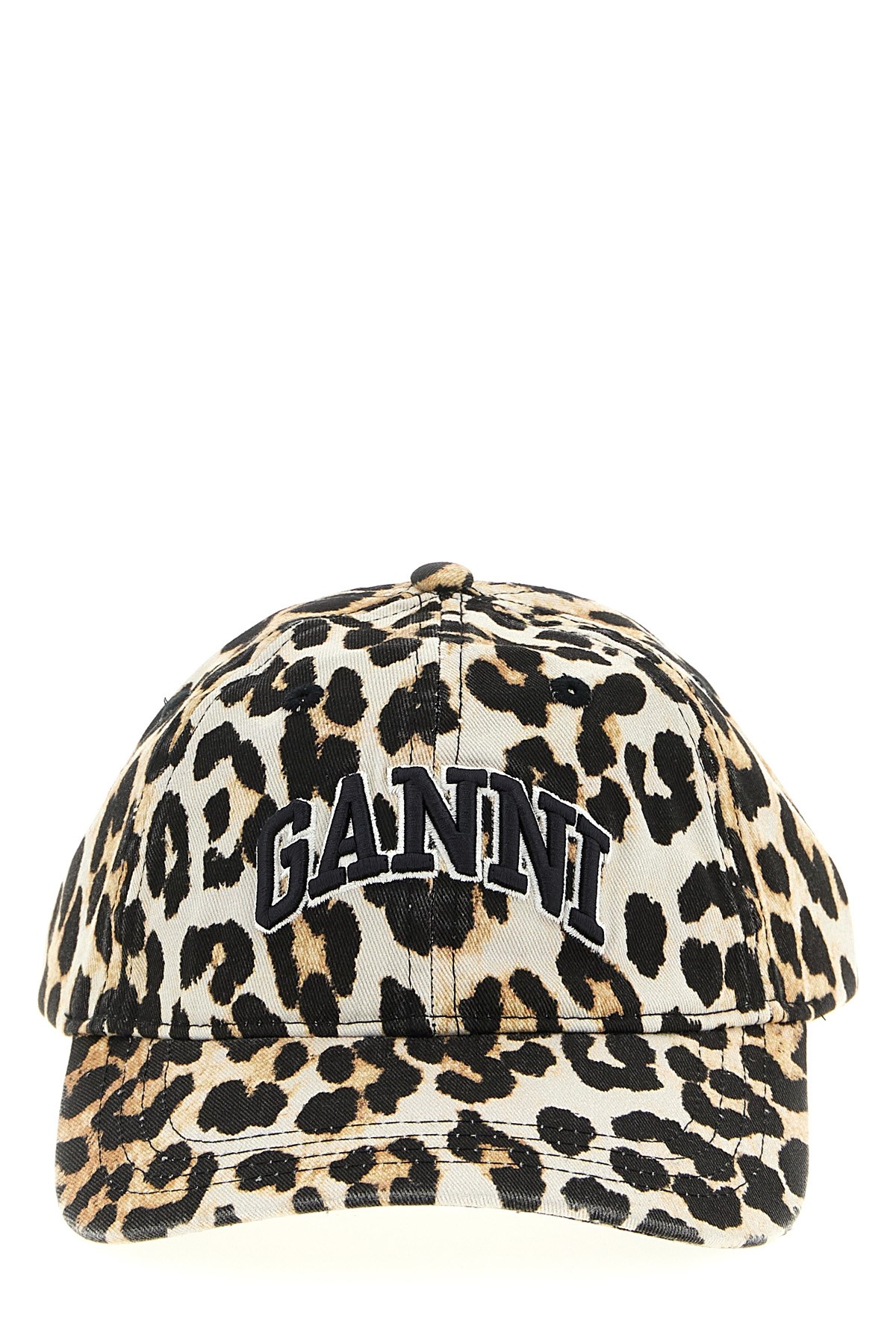 Ganni Logo-embroidered Leopard-print Canvas Cap In Neutral