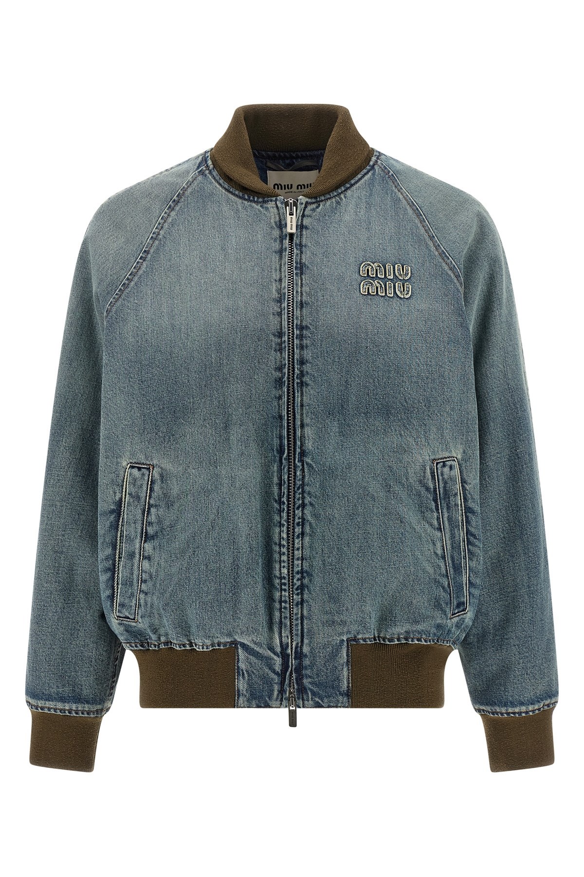 Miu Miu Denim Bomber Jacket In Blue