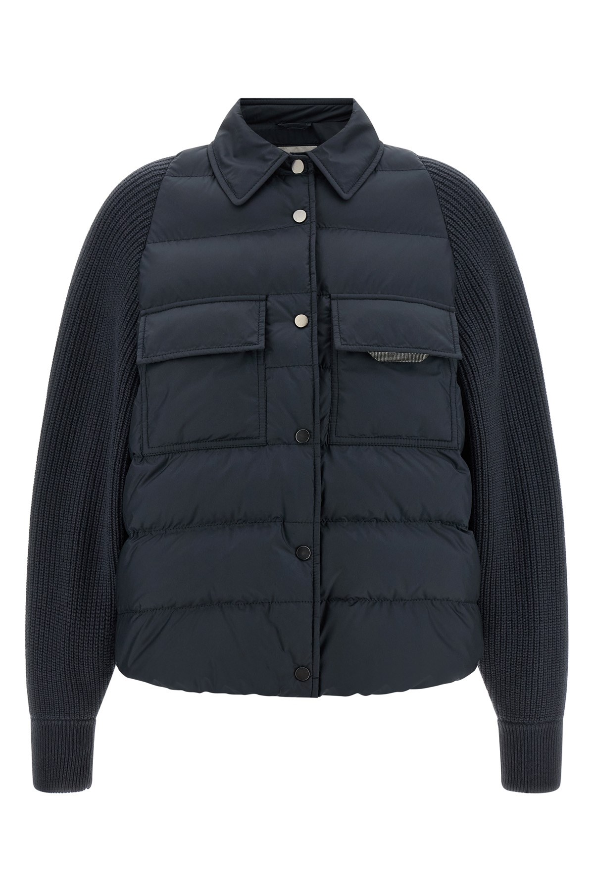 Brunello Cucinelli 'shiny Flap Detail' Down Jacket In Blue
