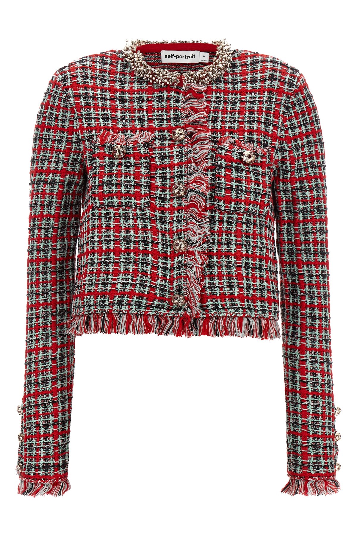 Self-portrait Fringed Knit Jacket In Red