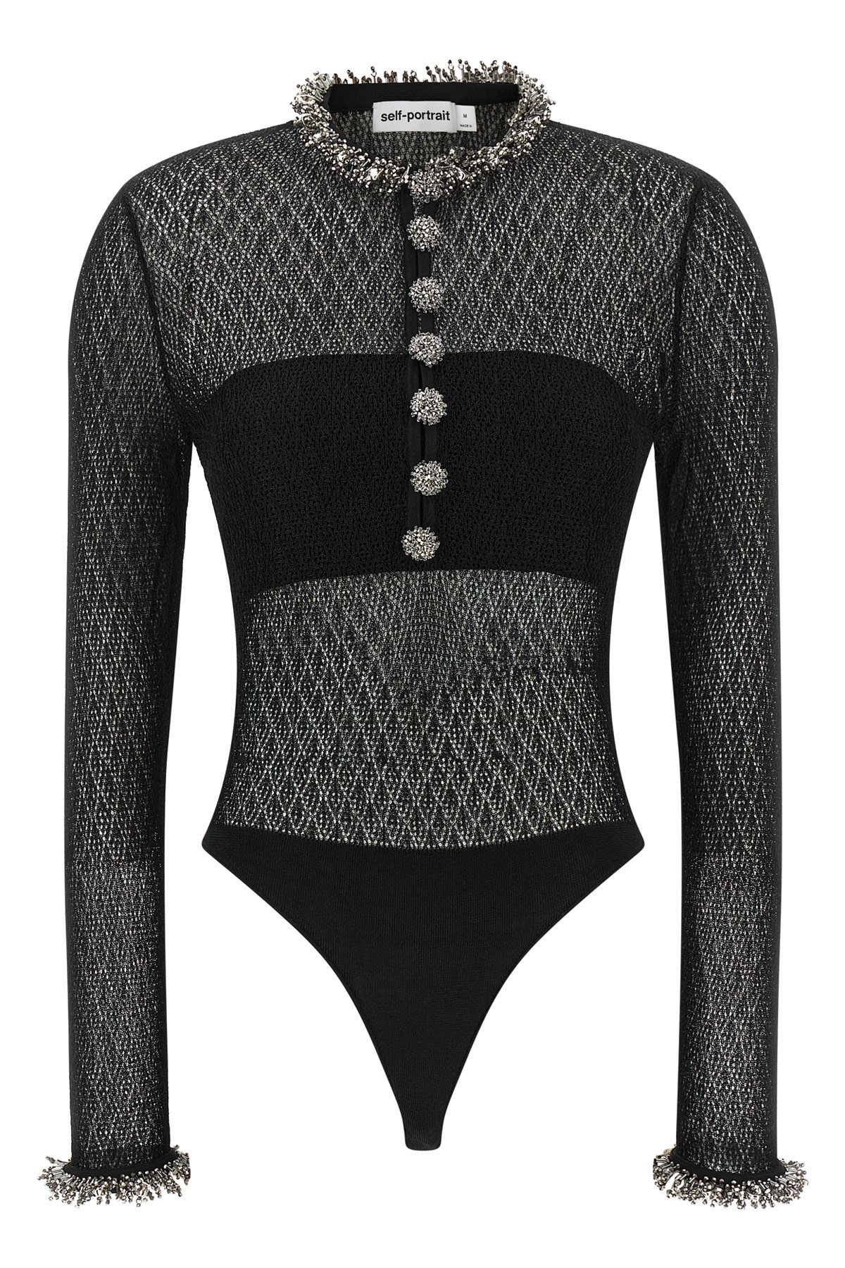 Self-portrait Openwork Knitted Bodysuit In Black