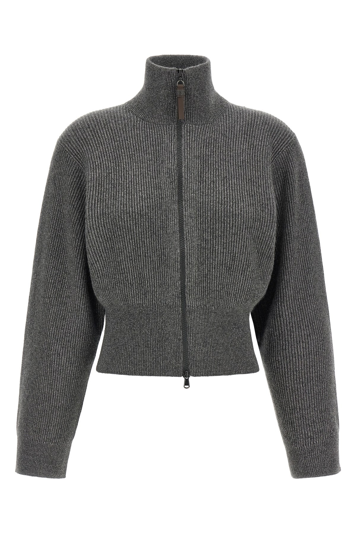 Brunello Cucinelli Ribbed Cardigan With Leather Detail In Gray