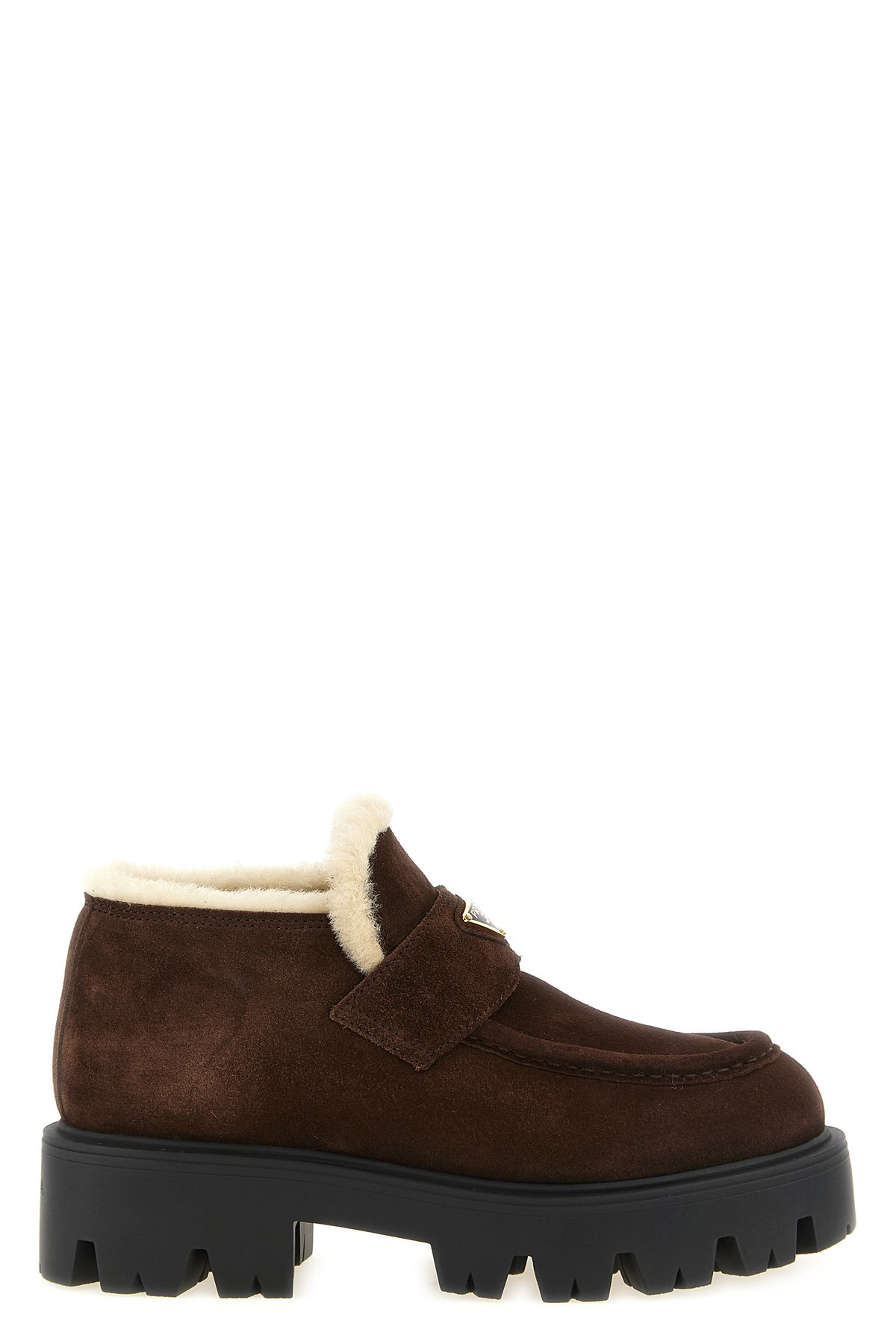Prada Loafers With Fur And Enamel Logo In Brown