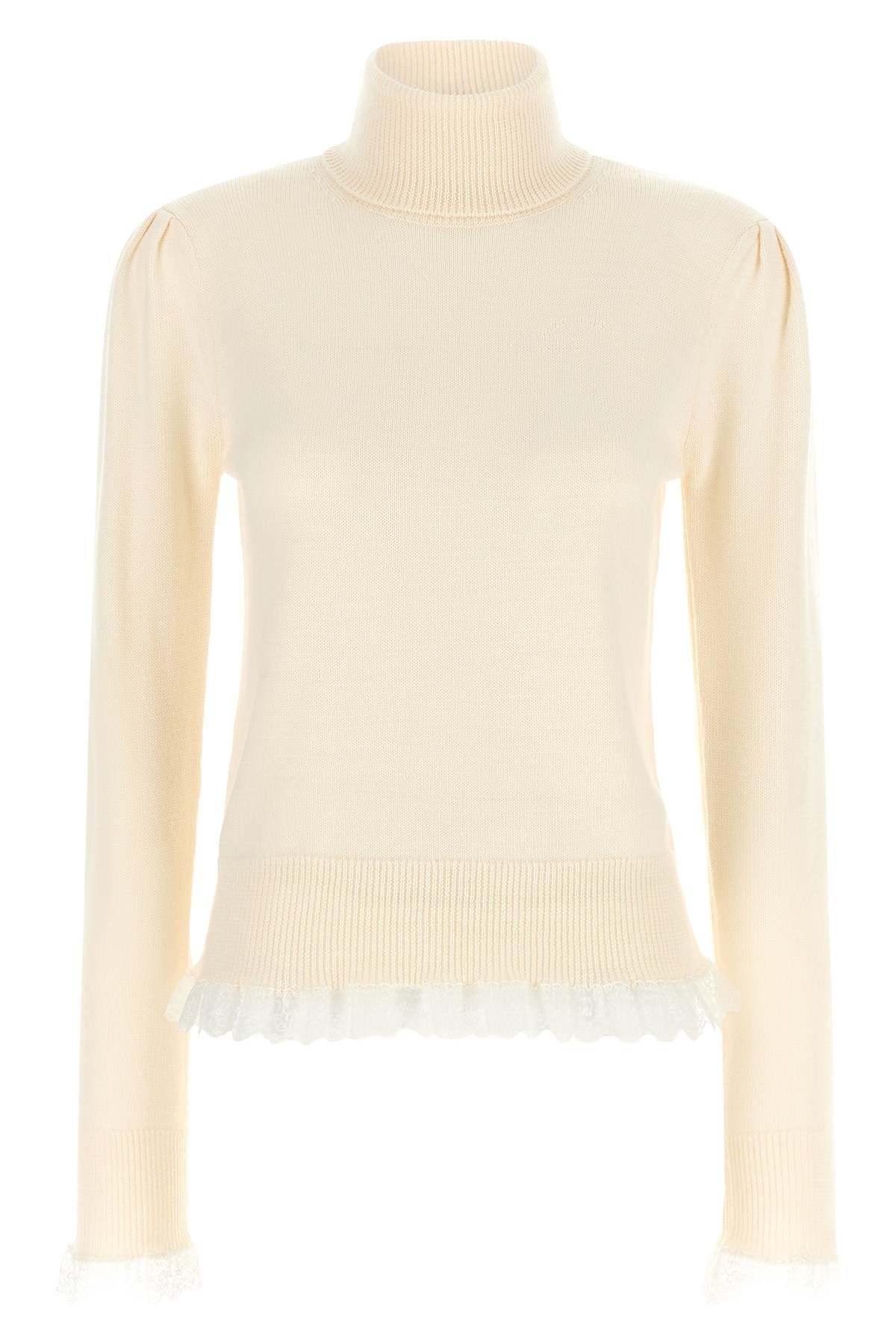 Ganni Turtleneck Sweater With Lace Trim In White