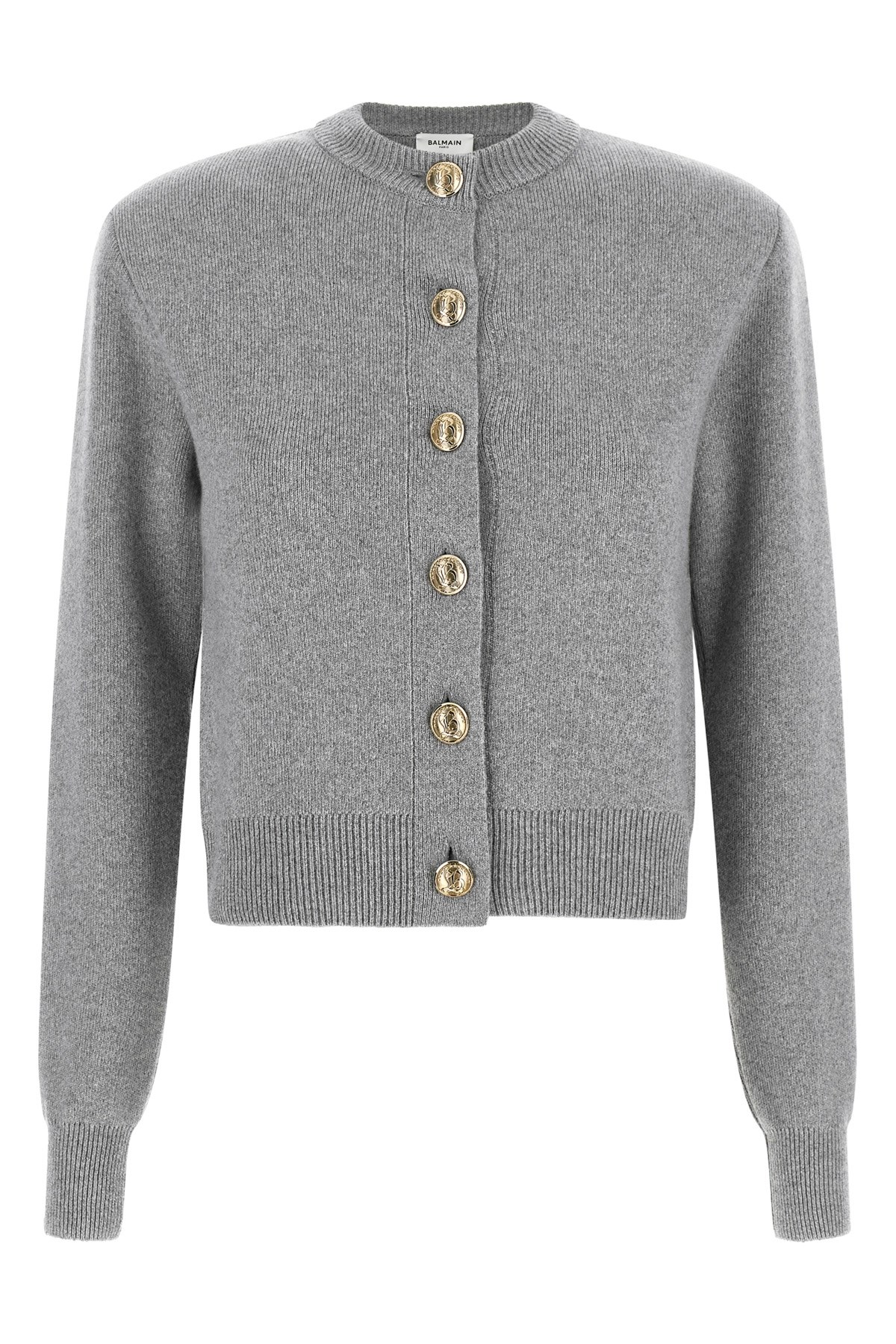 Balmain Sculpture Button Crew Neck Cardigan In Gray